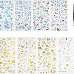 8 Sheets 3D Star & Moon Stickers - Colorful Planet, Star & Cat Decals - Self-Adh